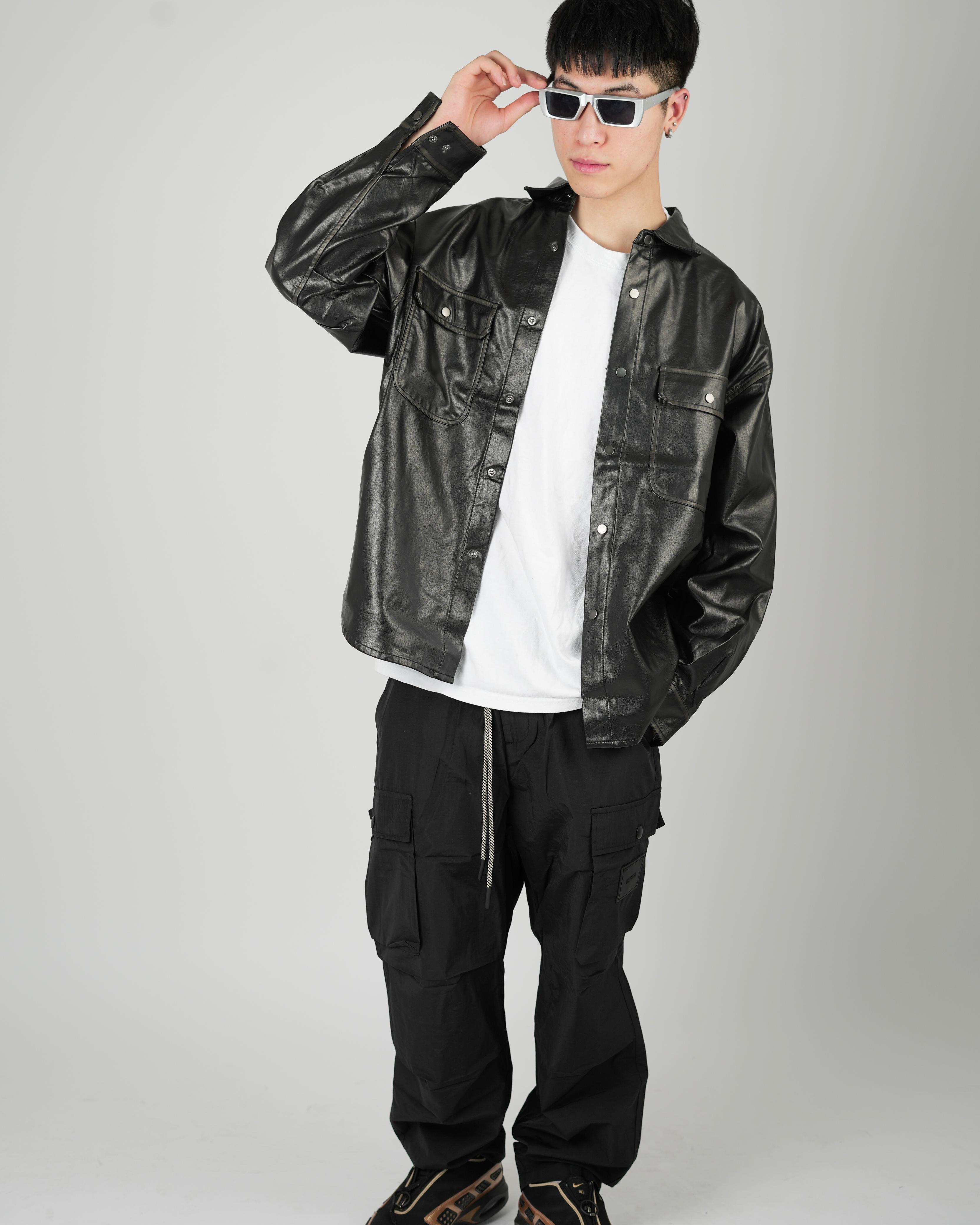 Black Faux Leather Overshirt Jacket