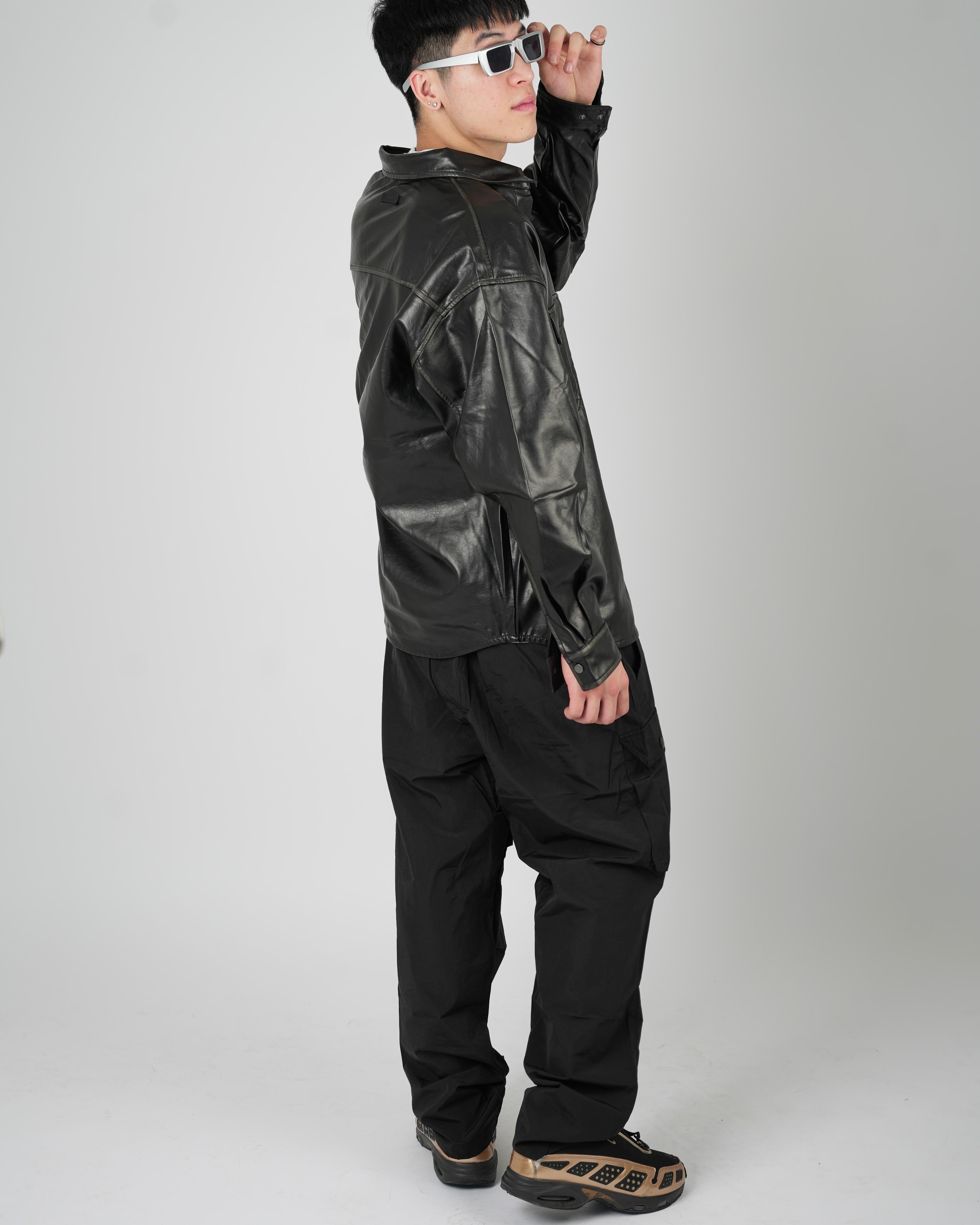 Black Faux Leather Overshirt Jacket