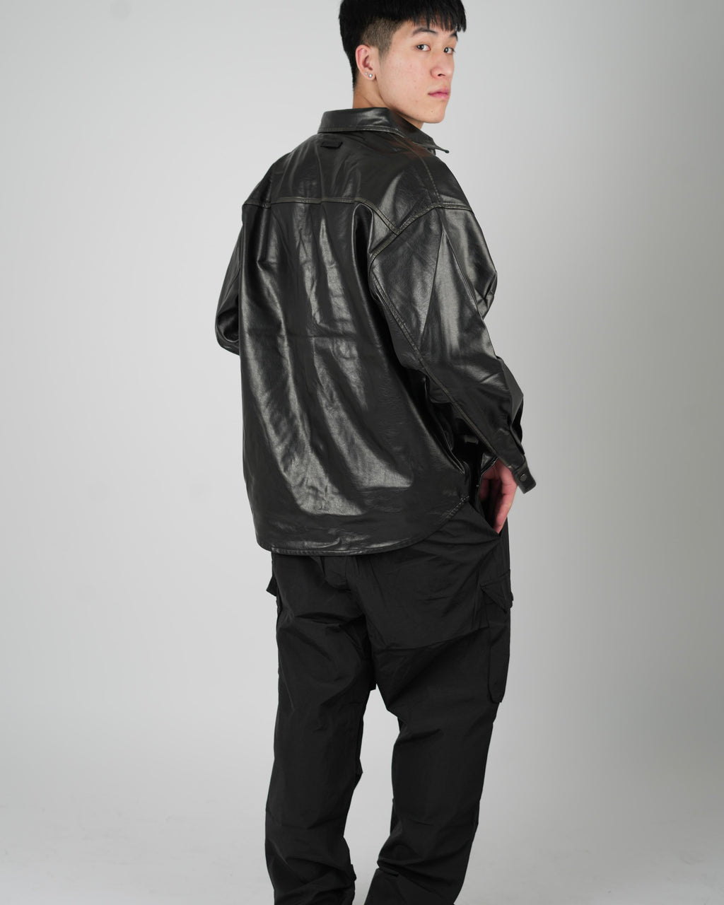 Black Faux Leather Overshirt Jacket