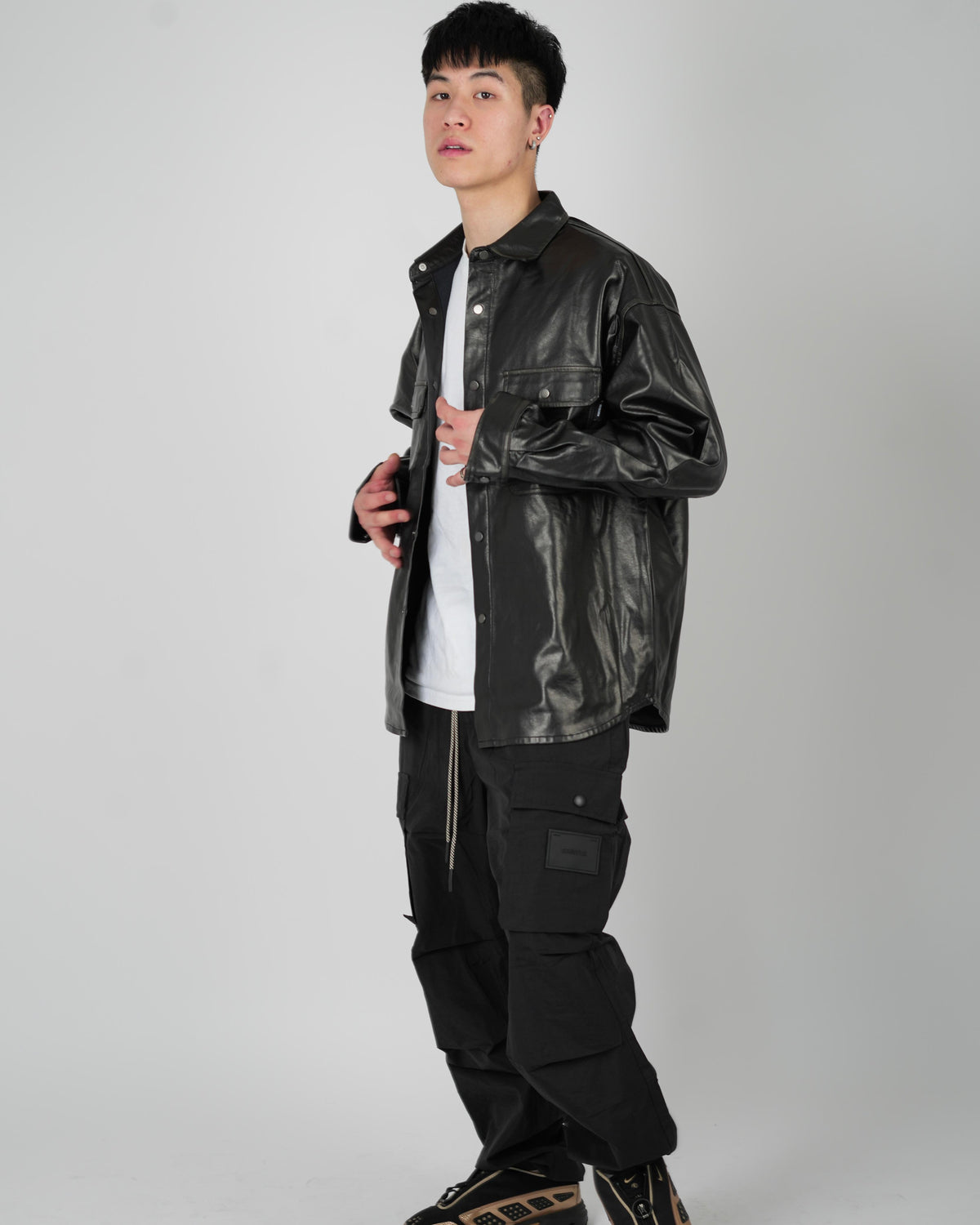 Black Faux Leather Overshirt Jacket