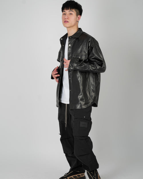 Black Faux Leather Overshirt Jacket