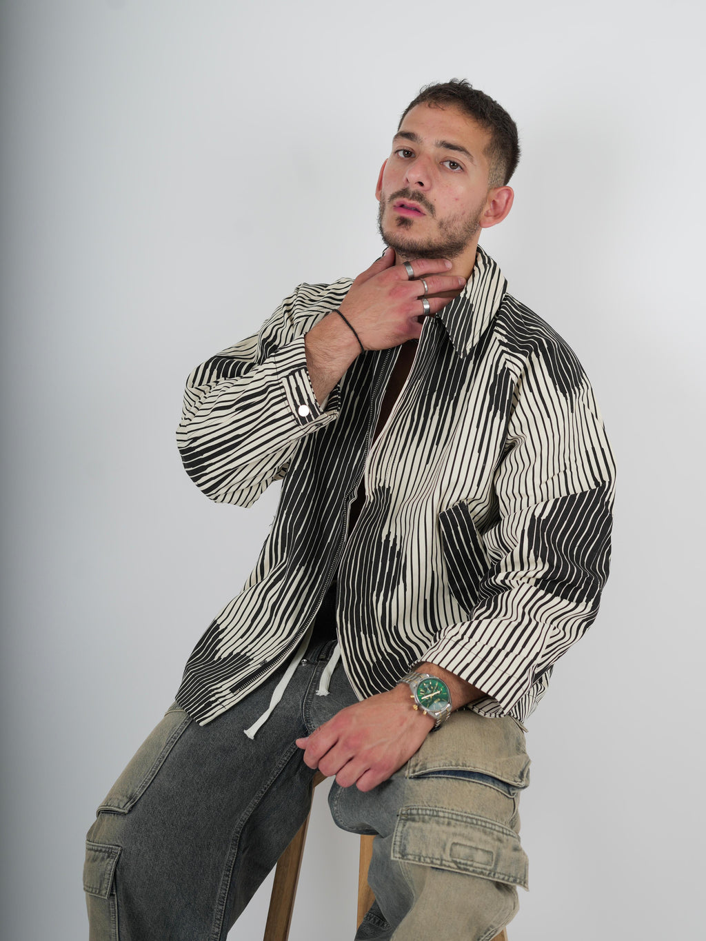 Monochrome Striped Overshirt Jacket