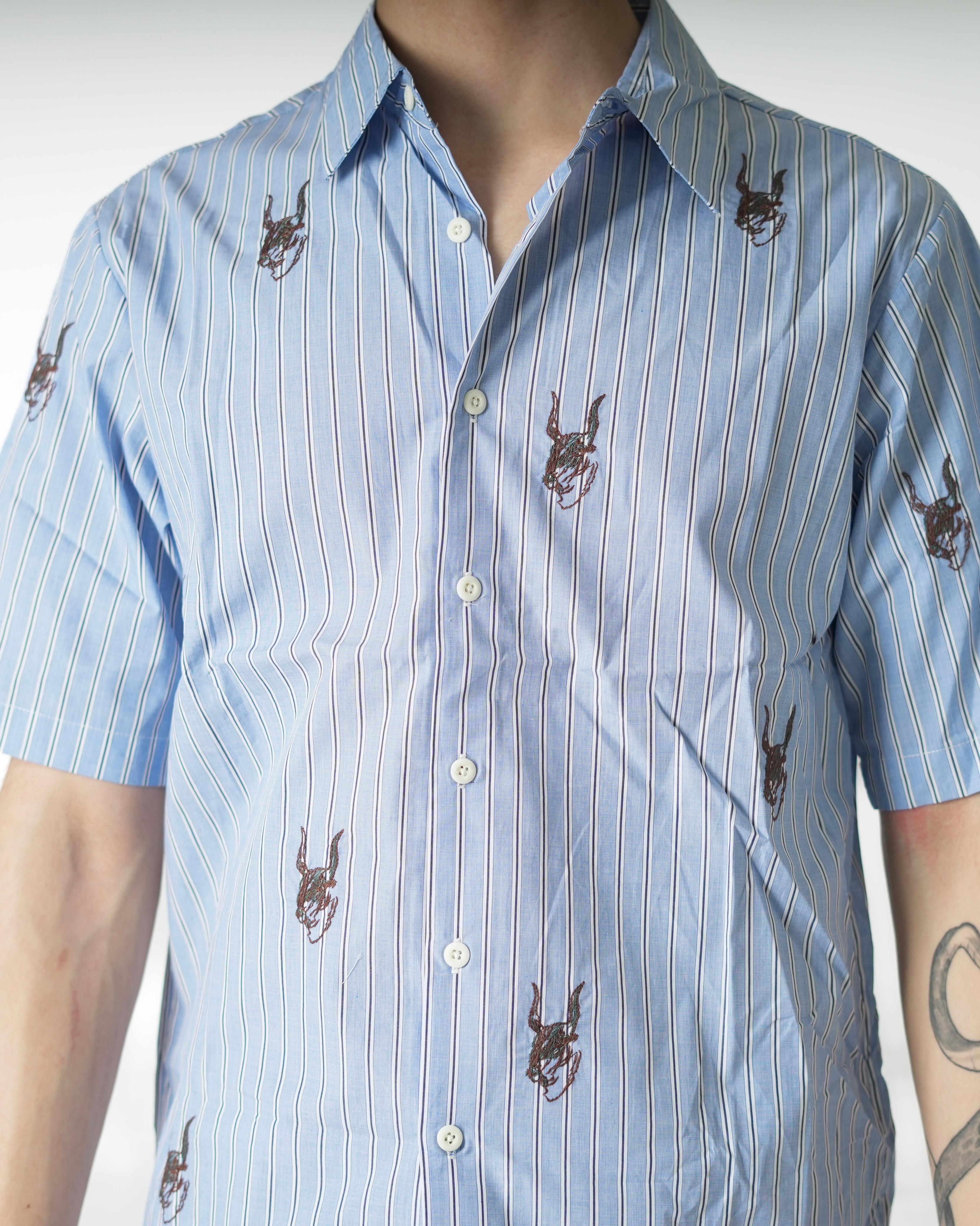 Casual Blue Striped Shirt with Graphic Embroidery
