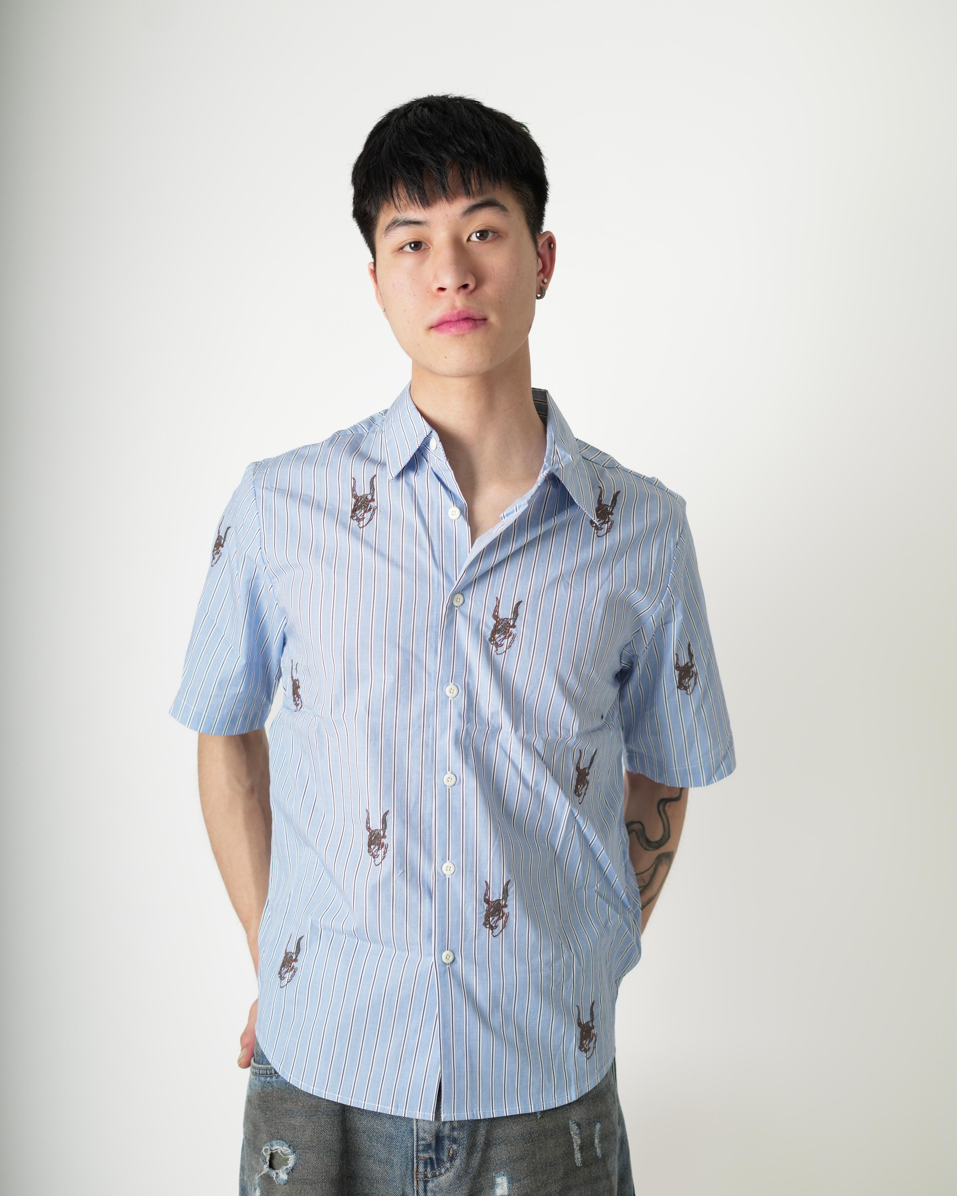 Casual Blue Striped Shirt with Graphic Embroidery