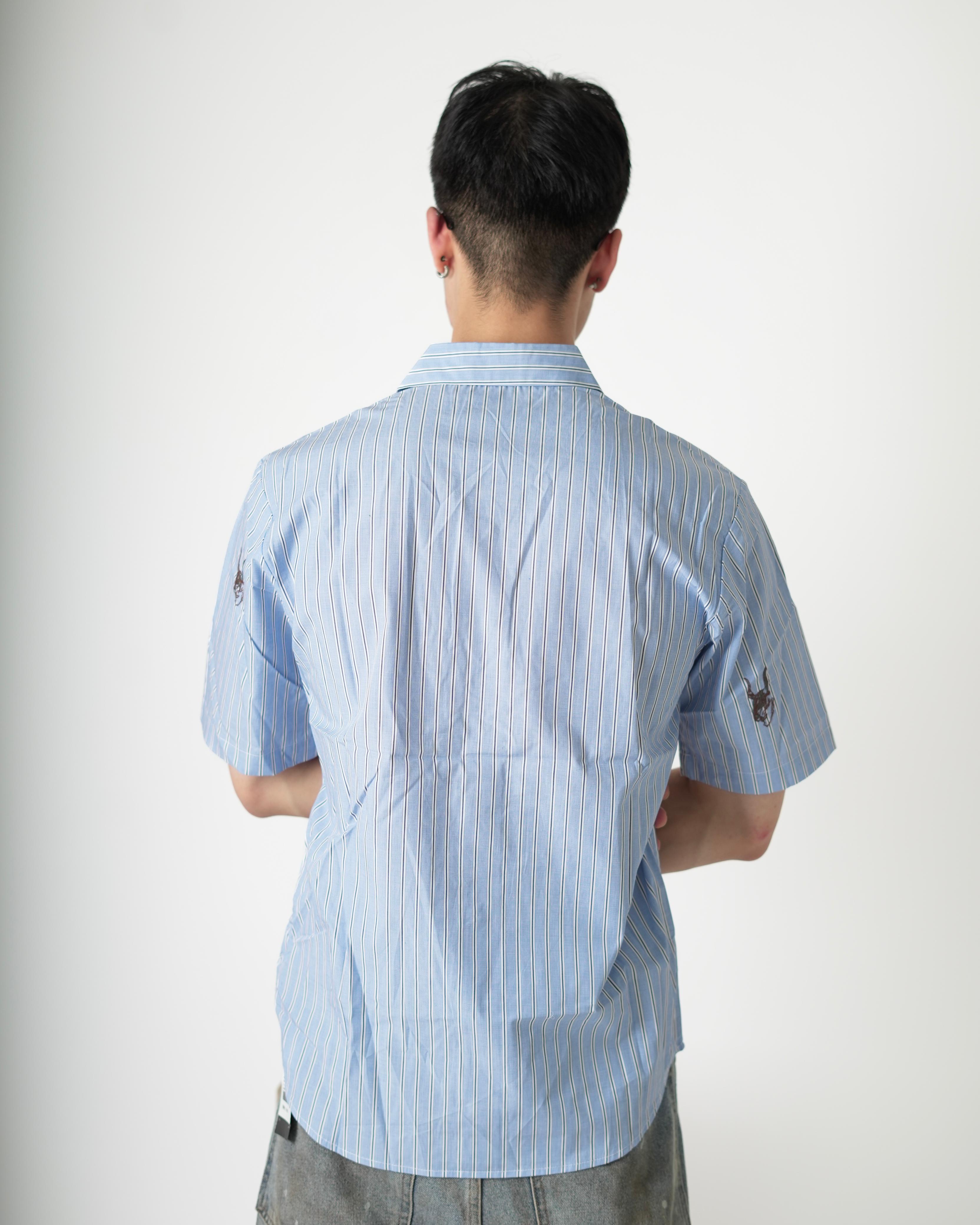 Casual Blue Striped Shirt with Graphic Embroidery