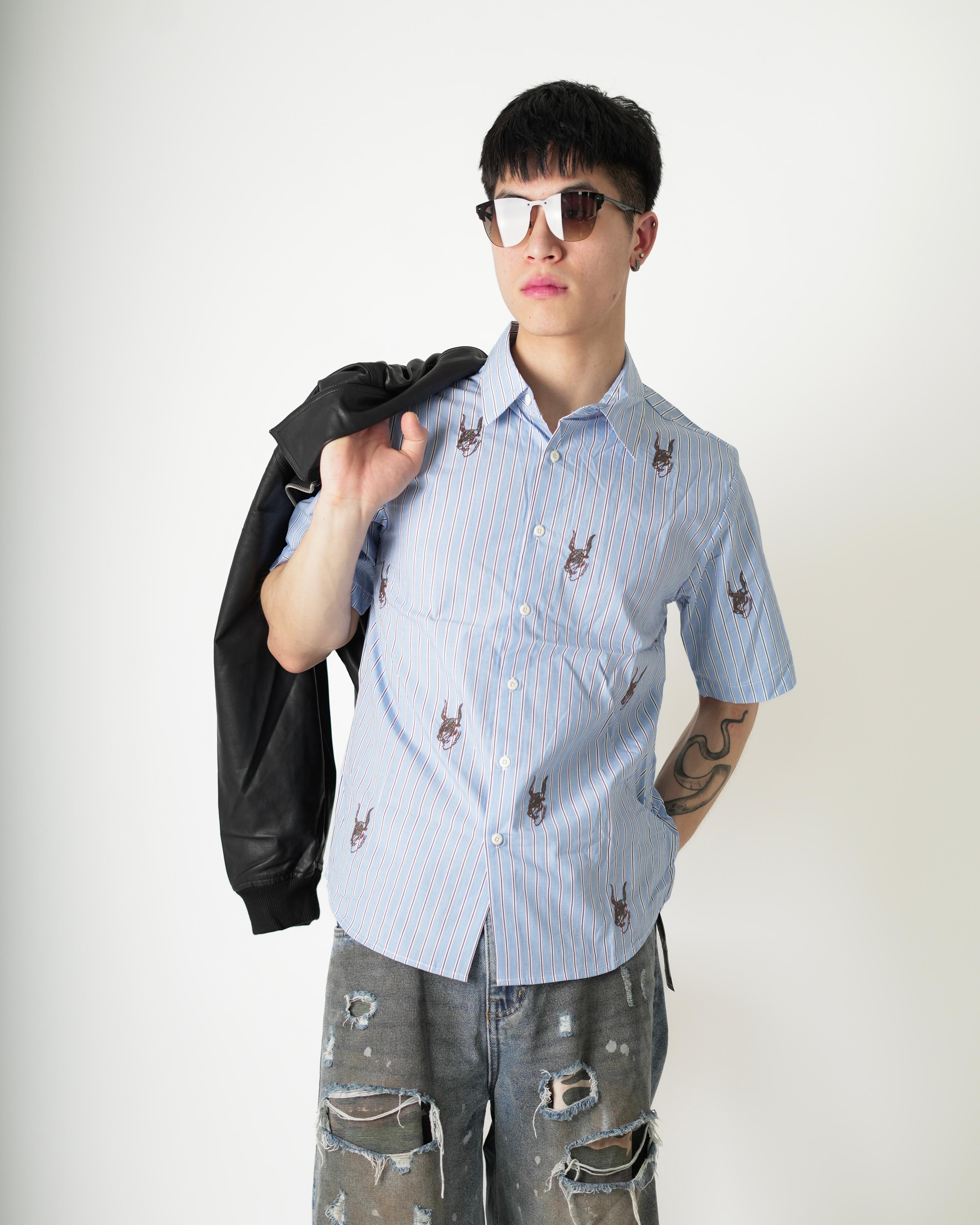 Casual Blue Striped Shirt with Graphic Embroidery