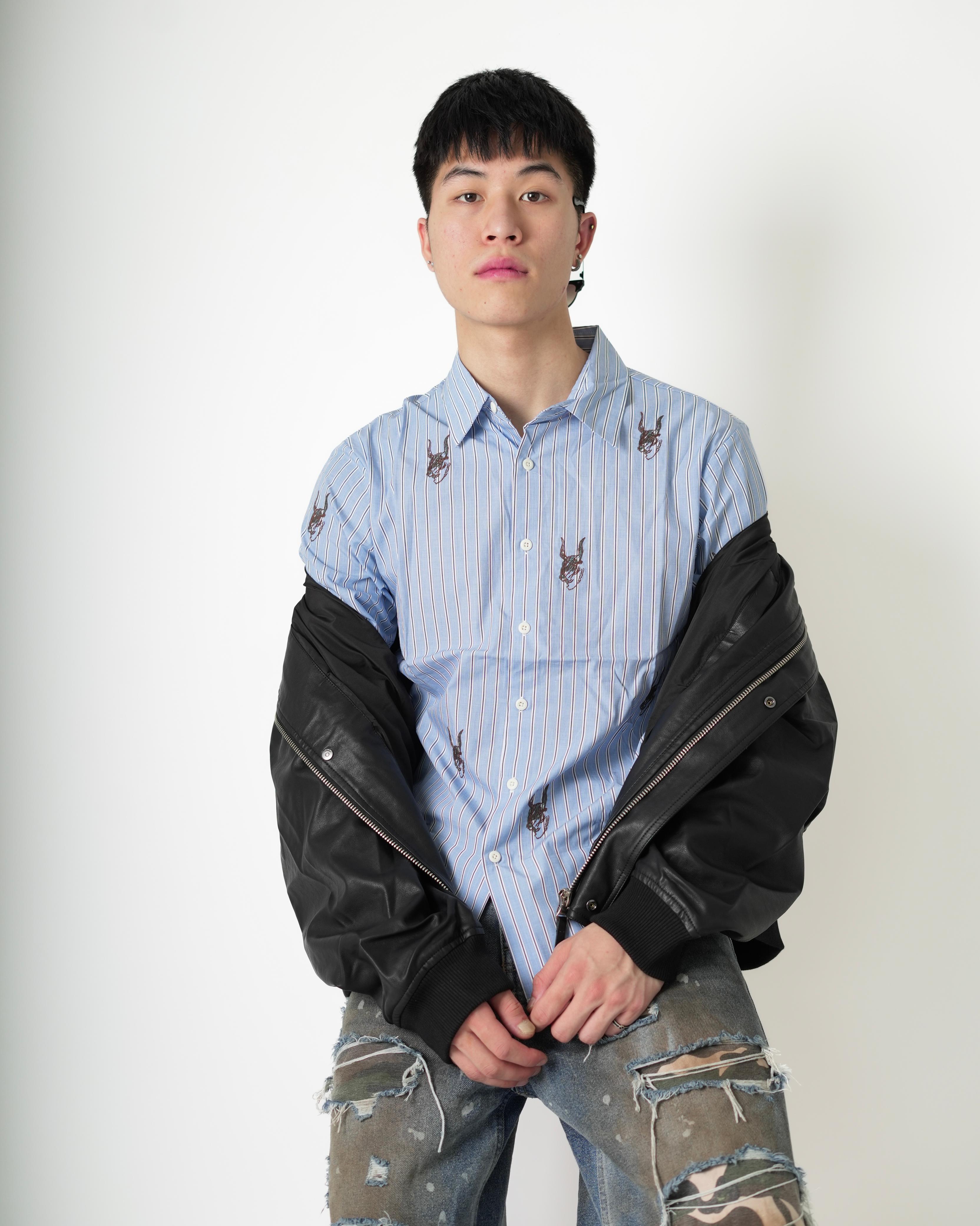 Casual Blue Striped Shirt with Graphic Embroidery
